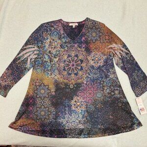 Silky Boho mandala tunic top, 3/4 sleeve, sublimation printed, L, fits XL